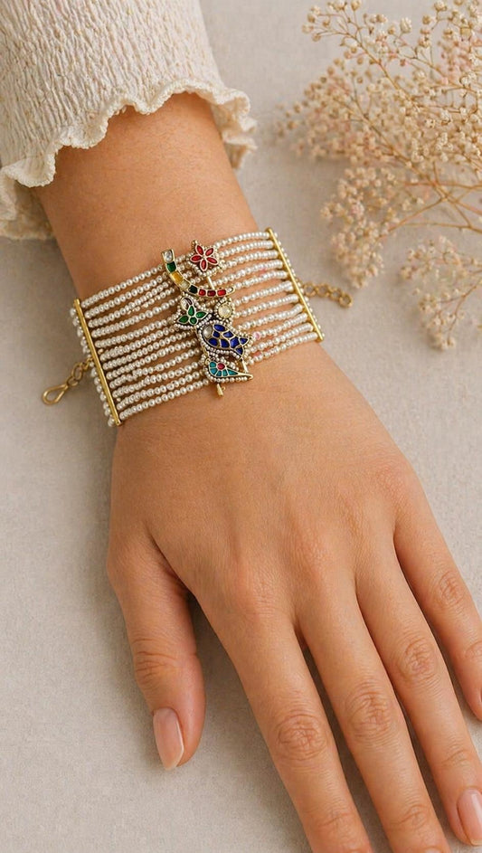Handcrafted Jadau Kundan Bahi Pearl Bracelet - G377300