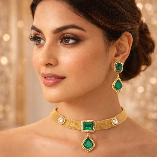 Lisaa Chocker Emerald Drops Necklace