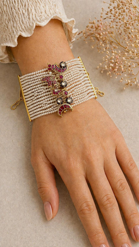 Handcrafted Jadau Kundan Bahi Pearl Bracelet - G387900