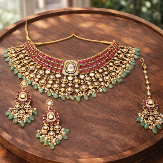 Royal Kundan & Ruby Bridal Choker Set with Mint Drops