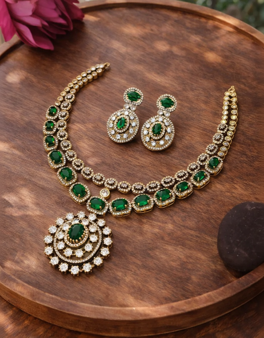 Two Line Emerald Victorian Necklace Set - New Arrival-G353100
