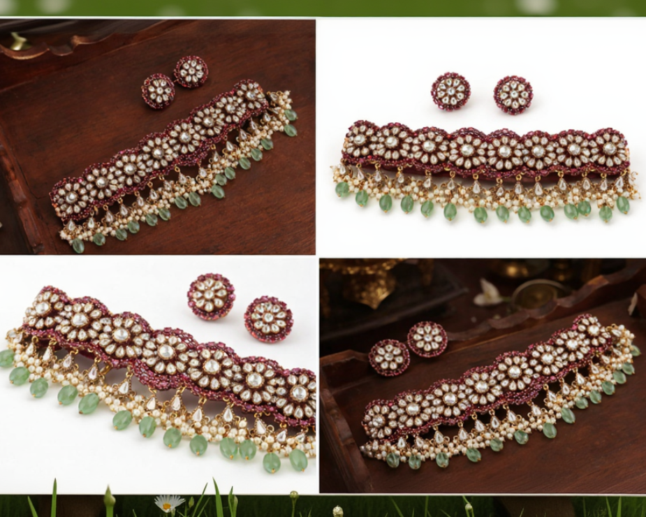 Victorian Polki Floral Choker Set with Emerald Drops-G353500
