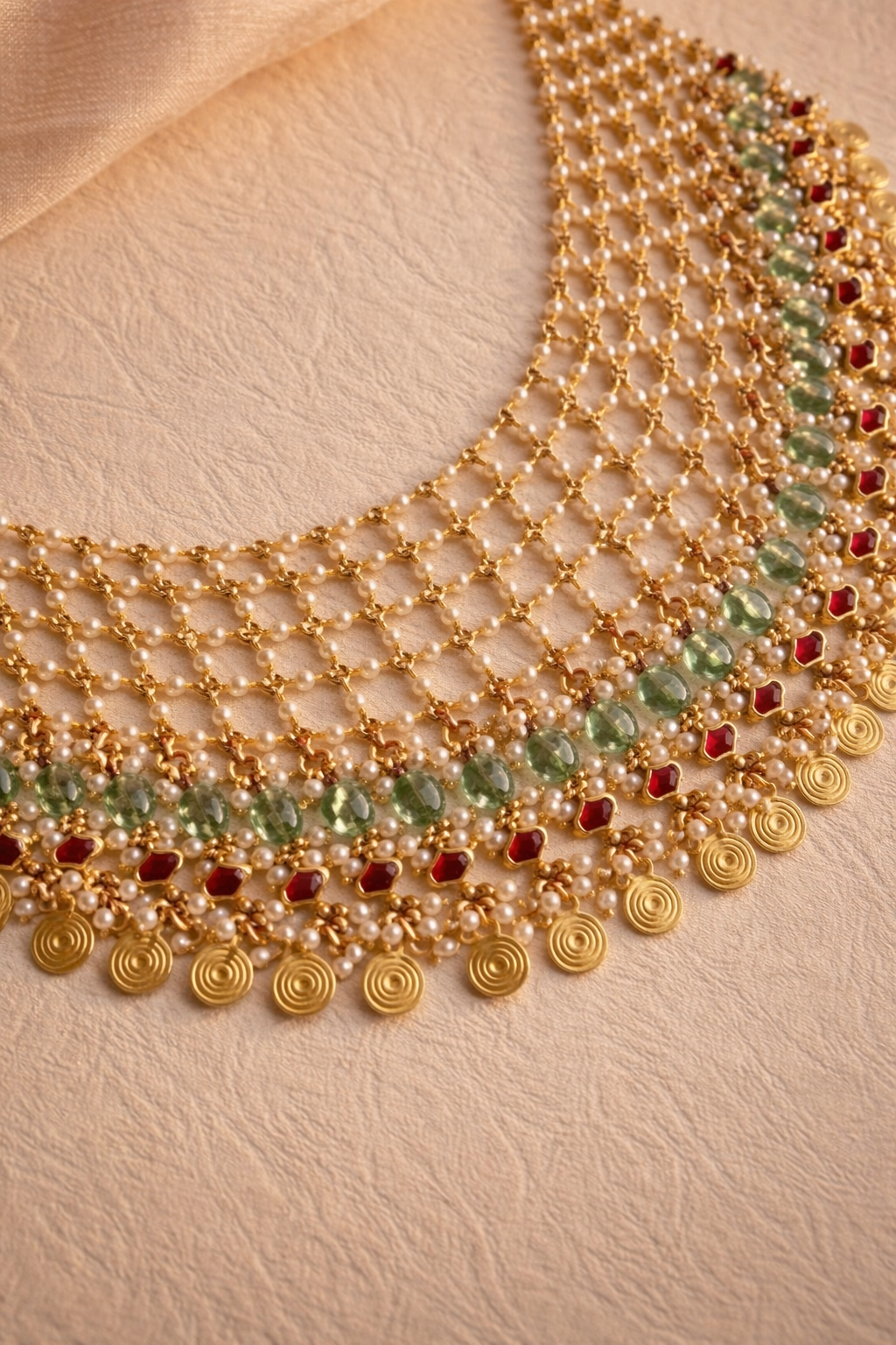 Multi-Layered Jadau and Pearl Choker with Gold Coin Drops - G354800