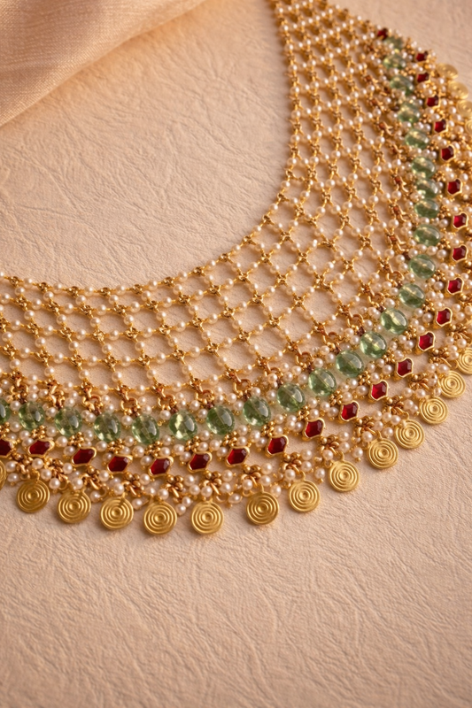 Multi-Layered Jadau and Pearl Choker with Gold Coin Drops - G354800