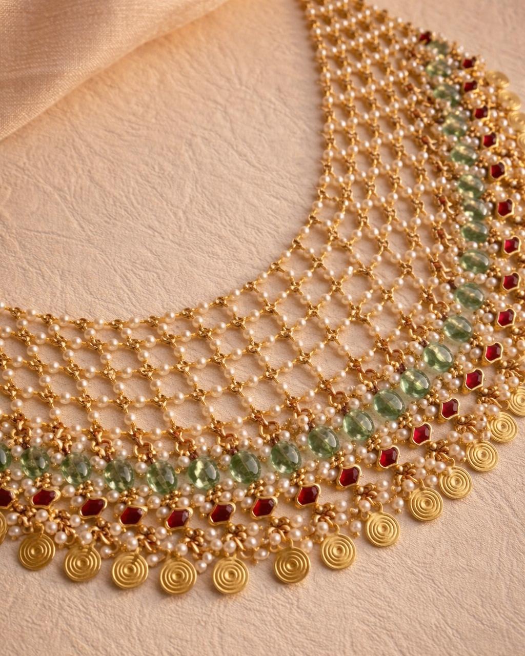 Multi-Layered Jadau and Pearl Choker with Gold Coin Drops - G354800