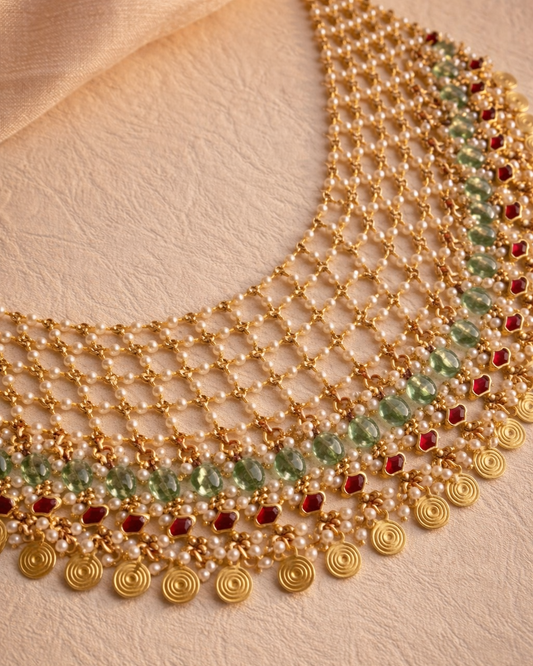 Multi-Layered Jadau and Pearl Choker with Gold Coin Drops - G354800
