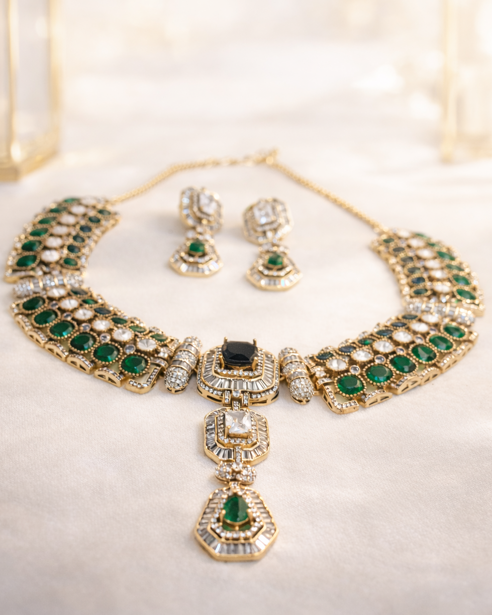 Premium Green Drop Mossainite Necklace Set-G356000
