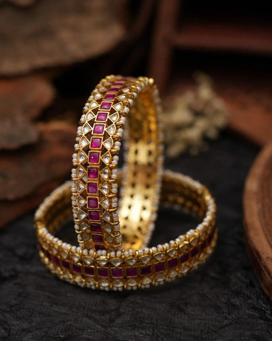 Gold Plated Pink Kundan Polki Bangles-G355300