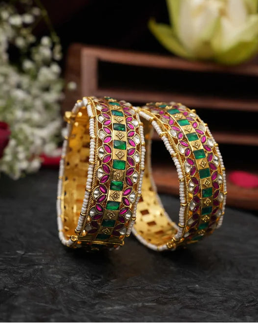 Gold Plated Jadau Broad Bangles-G3510500