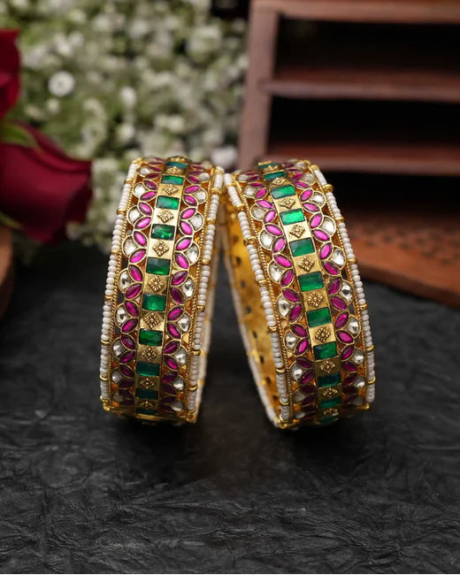 Gold Plated Jadau Broad Bangles-G3510500