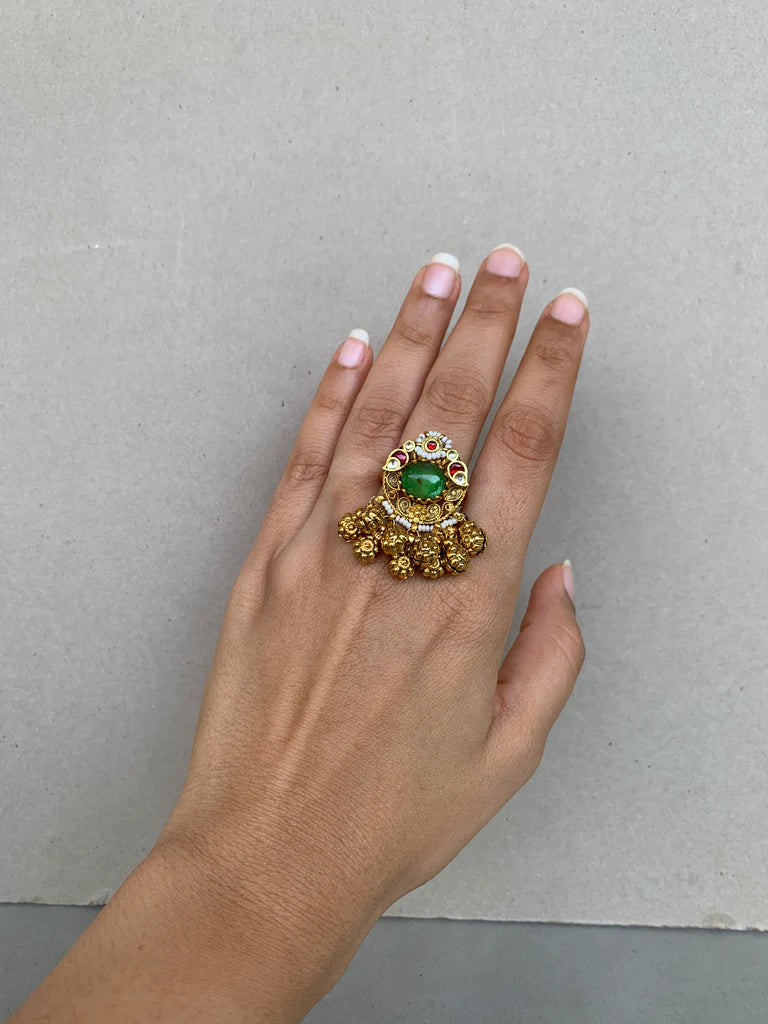 Jadau Kundan Green Stone Statement Ring