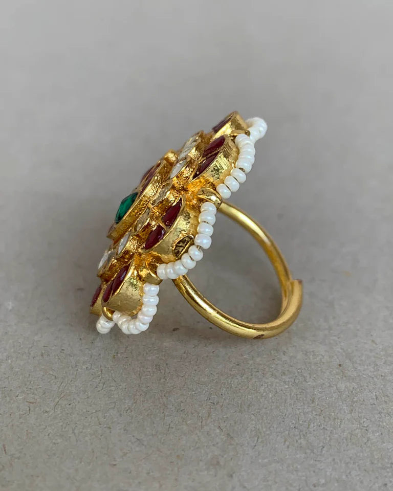 Gold Plated Jadatar Pachhi Kundan Ring-G351600