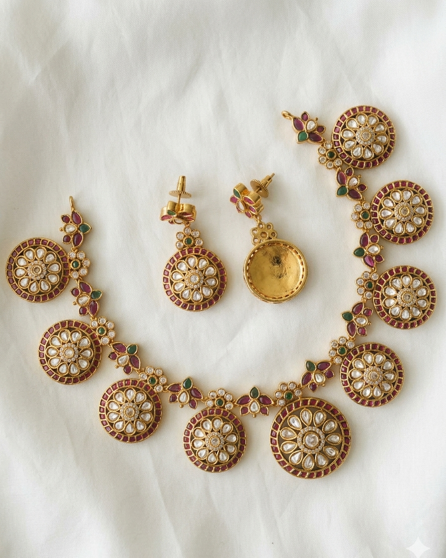 Gold-Plated Kemp Stone Coin Necklace Set-G354300