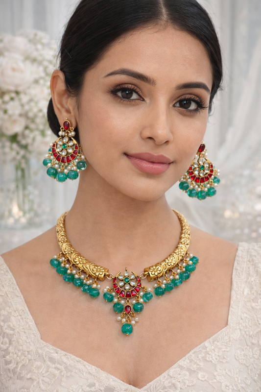 Ethnic Red & Green Kundan Choker Set with Matching Earrings