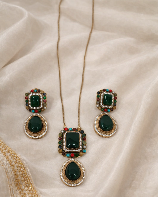 Emerald & Multi-Color Beaded Victorian Pendant Set-G751800