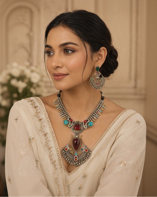 Oxidized Silver Navratri special Blue Stone Necklace Set-G353800