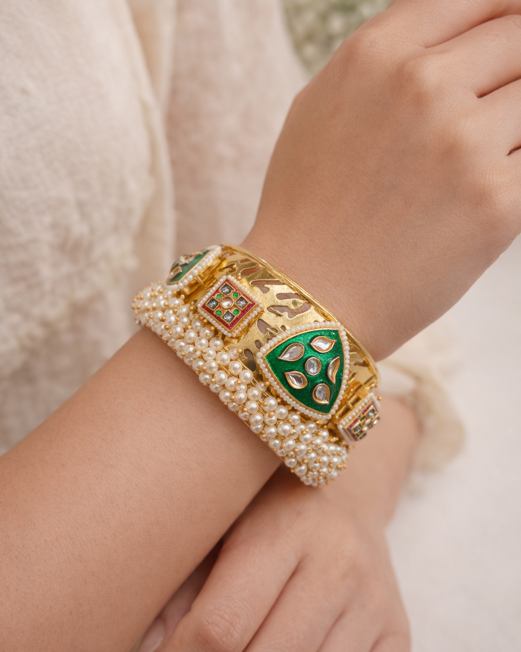 Pearl Kundan Fusion Kada Bracelet-G351400