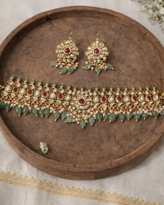 Polki & Kundan Choker Necklace Set with Pearl Drops-G353100
