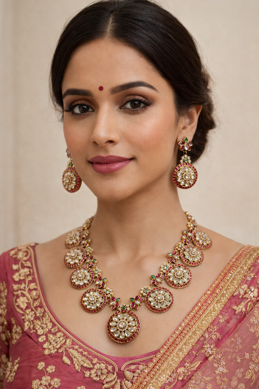 Gold-Plated Kemp Stone Coin Necklace Set-G354300
