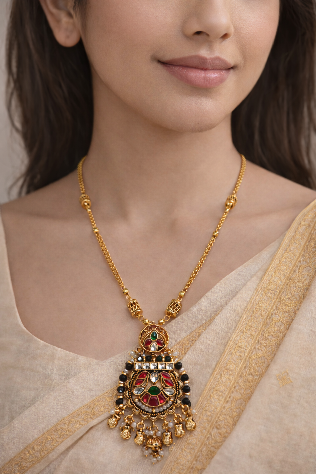 Kundan Gold Plated Chain Pendant Set With Earring