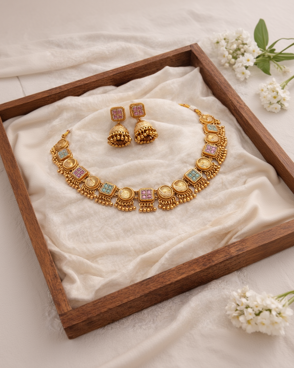 Elegant Gold-Plated Kundan Choker Necklace Set with Jhumka Earrings-G352800