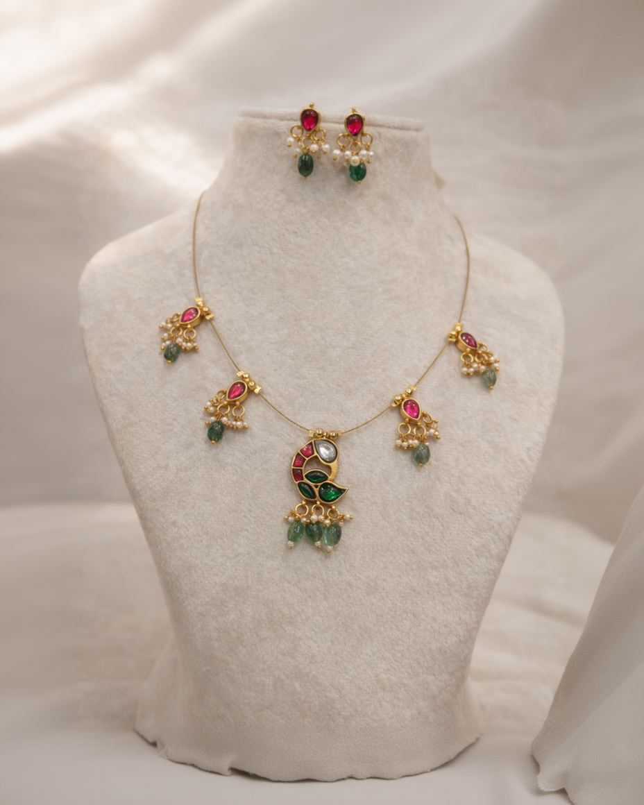 Beautiful Peacock Kundan Jadau Invisible Necklace Set-G351000