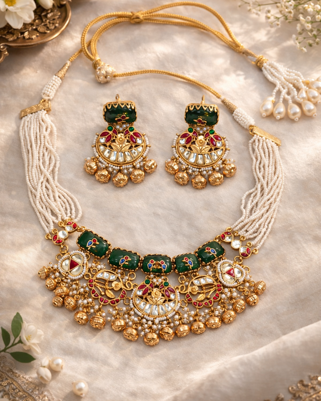 Emerald Green Kundan & Pearl Necklace Earring Set-G3513600