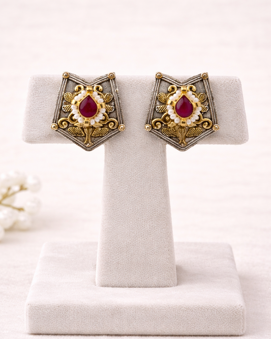 Oxidized Silver & Kundan & Pearl Studded Choker Necklace Set-G352400
