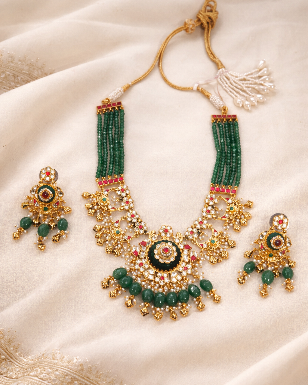 Green Kundan & Pearl Gold Plated Bridal Necklace Set-G3514100