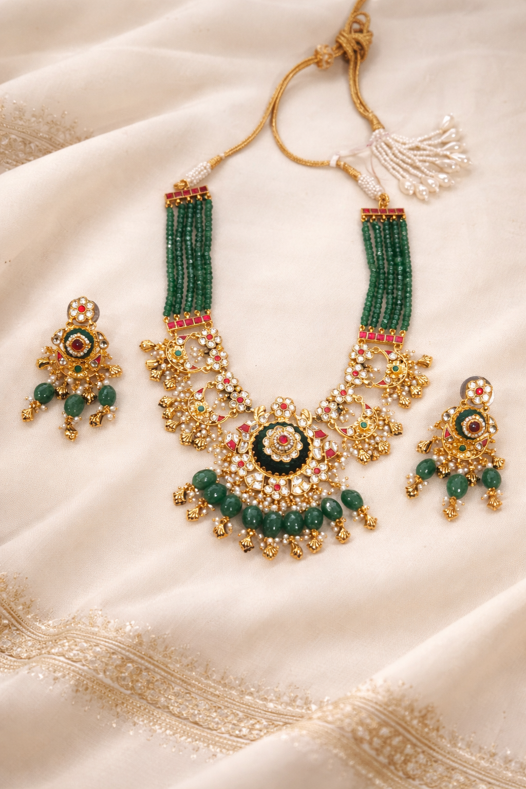 Green Kundan & Pearl Gold Plated Bridal Necklace Set