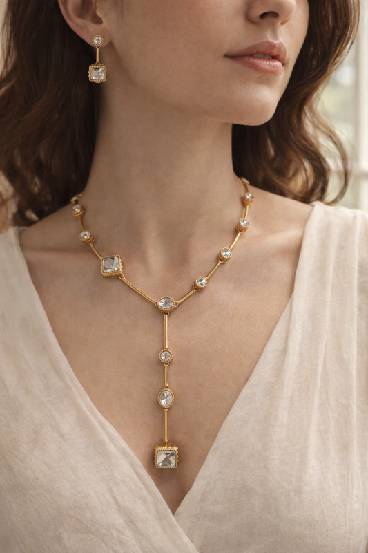 Gold Plated Mossonite Lariat Necklace Set-G354200