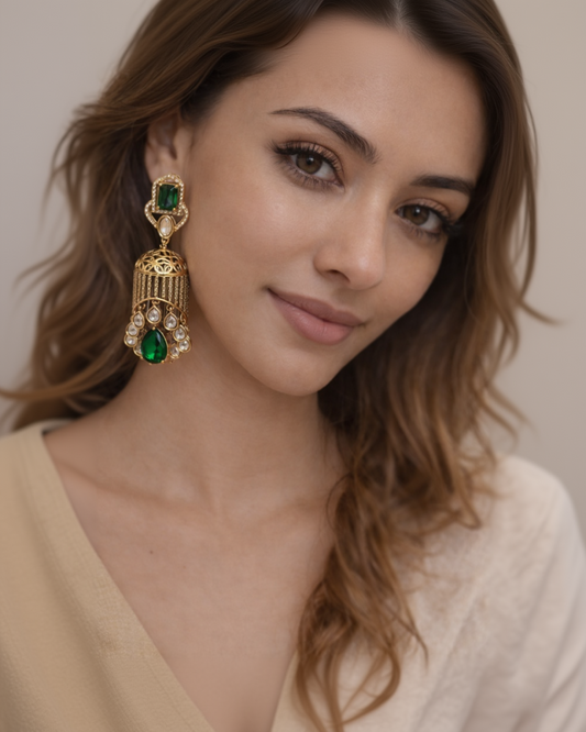 Emerald-Studded filligree Jhumkas-G351600