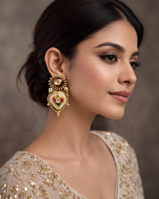 Gold-Toned Kundan and Pearl Drop Earrings-G35900
