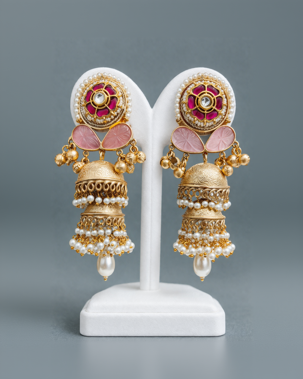 Gold-Plated Kundan and Pearl Jhumka Earrings-G351800