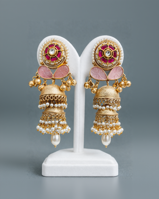 Gold-Plated Kundan and Pearl Jhumka Earrings-G351800