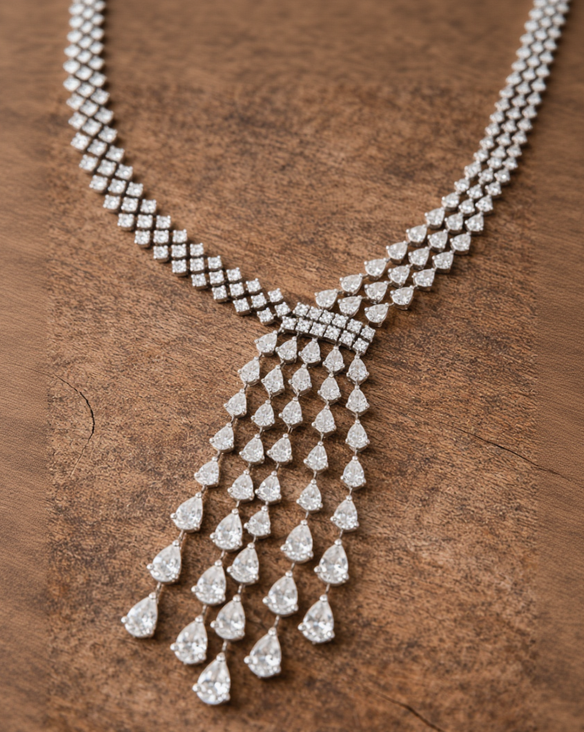 Dazzling American Diamond Tassel Necklace Set-G353300