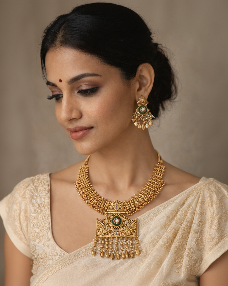 Classic Indian Temple Jewelry Choker with Pearl Drops-G355800