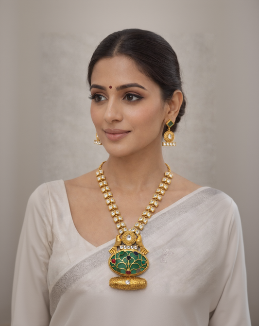 Fusion Kundan Polki Necklace Set Green-G351800