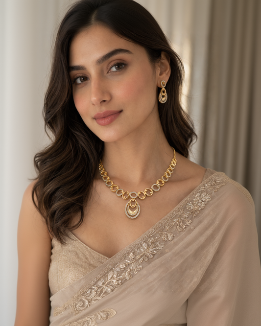 Gold Toned American Diamond Necklac Set-G351300