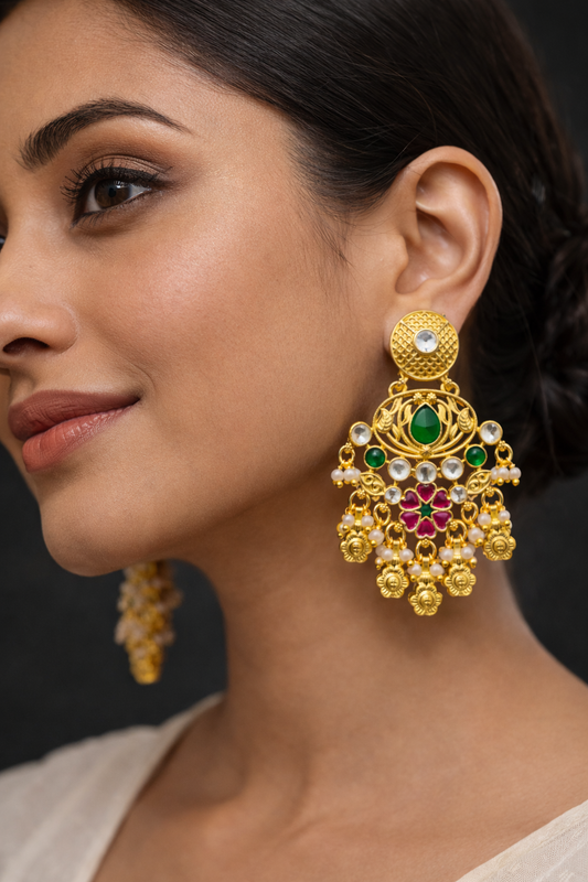Heritage Ruby Green Stone Pearl Drop Earrings-G351800