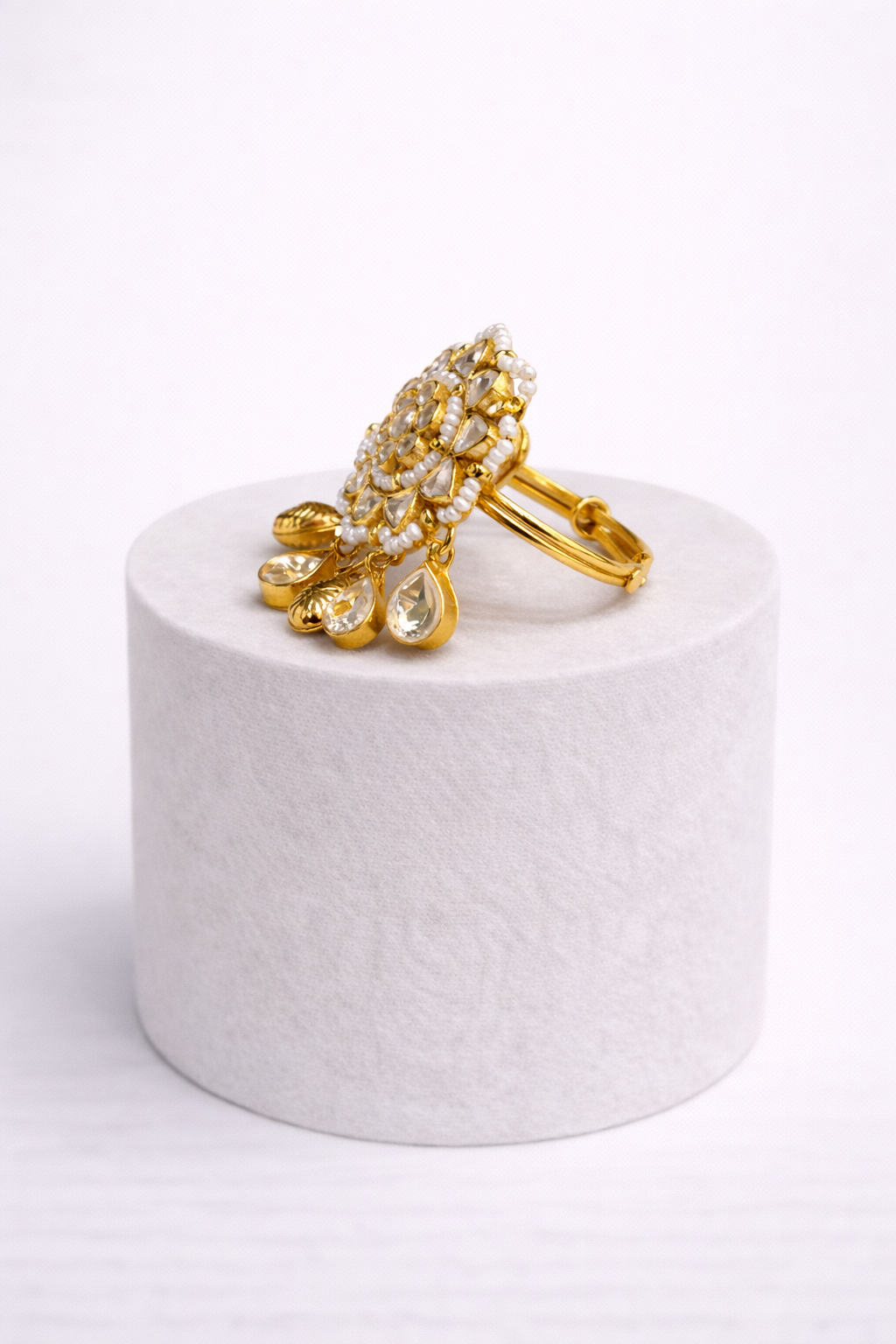 Gold Finish White Kundan Polki Ring