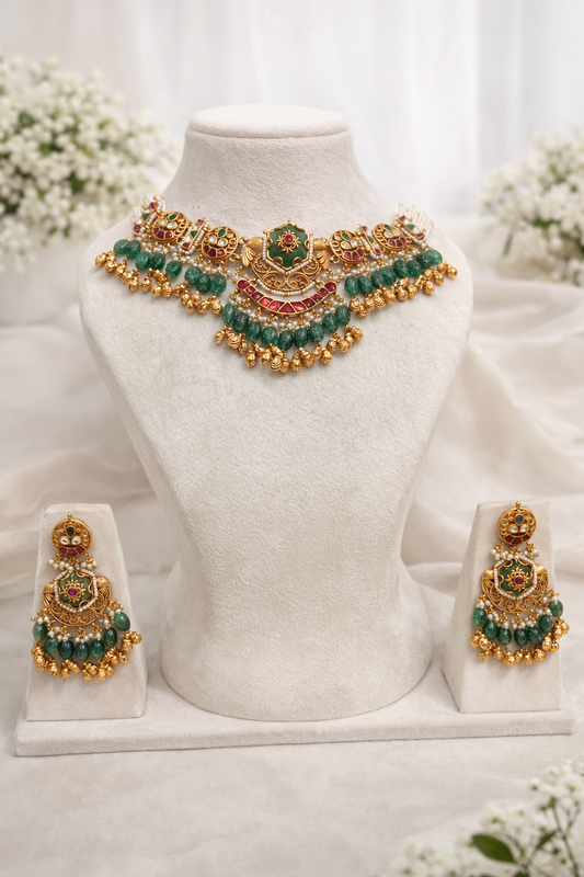 Emerald Green Kundan Choker Necklace Earrings Set: