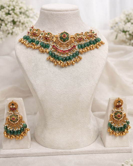 Emerald Green Kundan Choker Necklace Earrings Set-G3511300