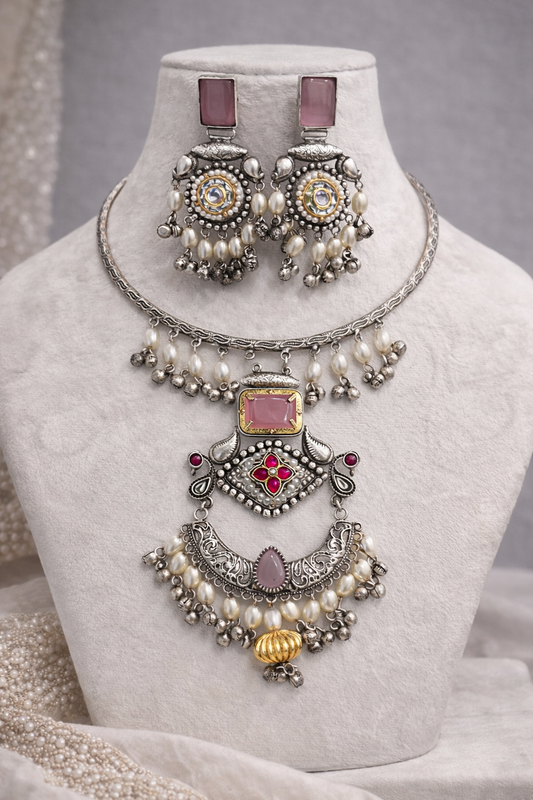 Oxidized Silver Pink Stone and Pearl Choker Hasli Set-G351800