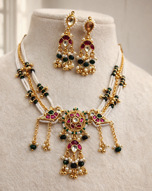 Elegant Pachi Kundan Choker Set with Matching Earrings & Pearl Drops-G352800