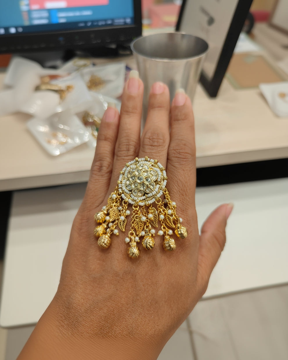Jadau white kundan Tassle ring-G352000