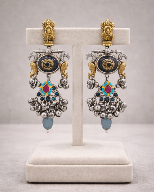 Oxidised Silver Dual-Tone Antique Temple Jewellery Set-G353100