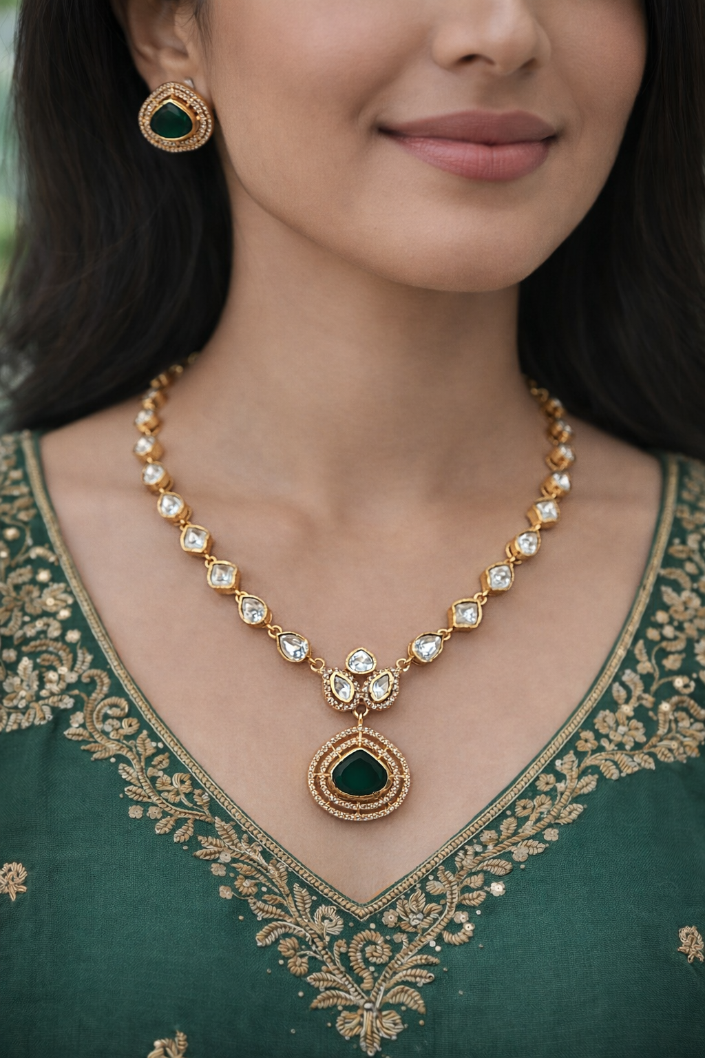 Emerald & Uncut Mossonite Necklace Set