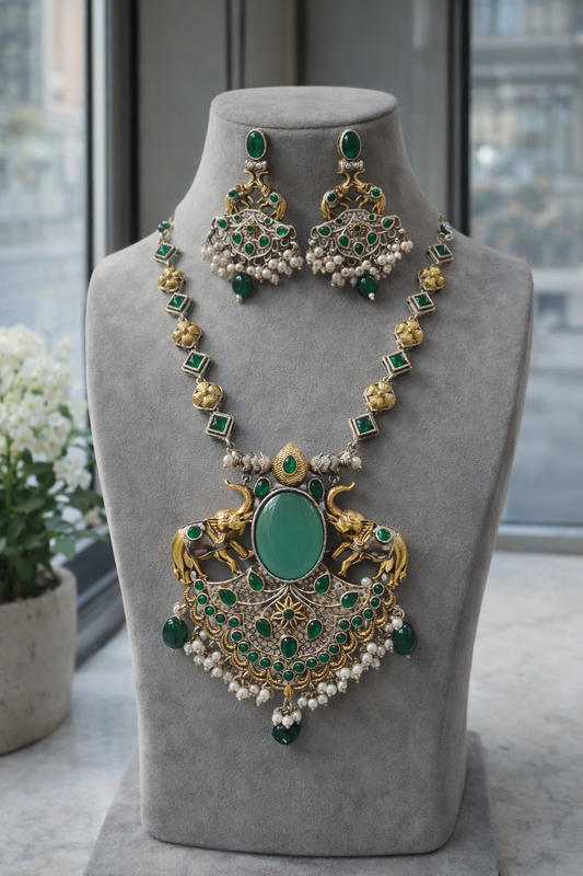 Oxidized Silver & Green Stone Elephant Pendant Necklace Set-G352300