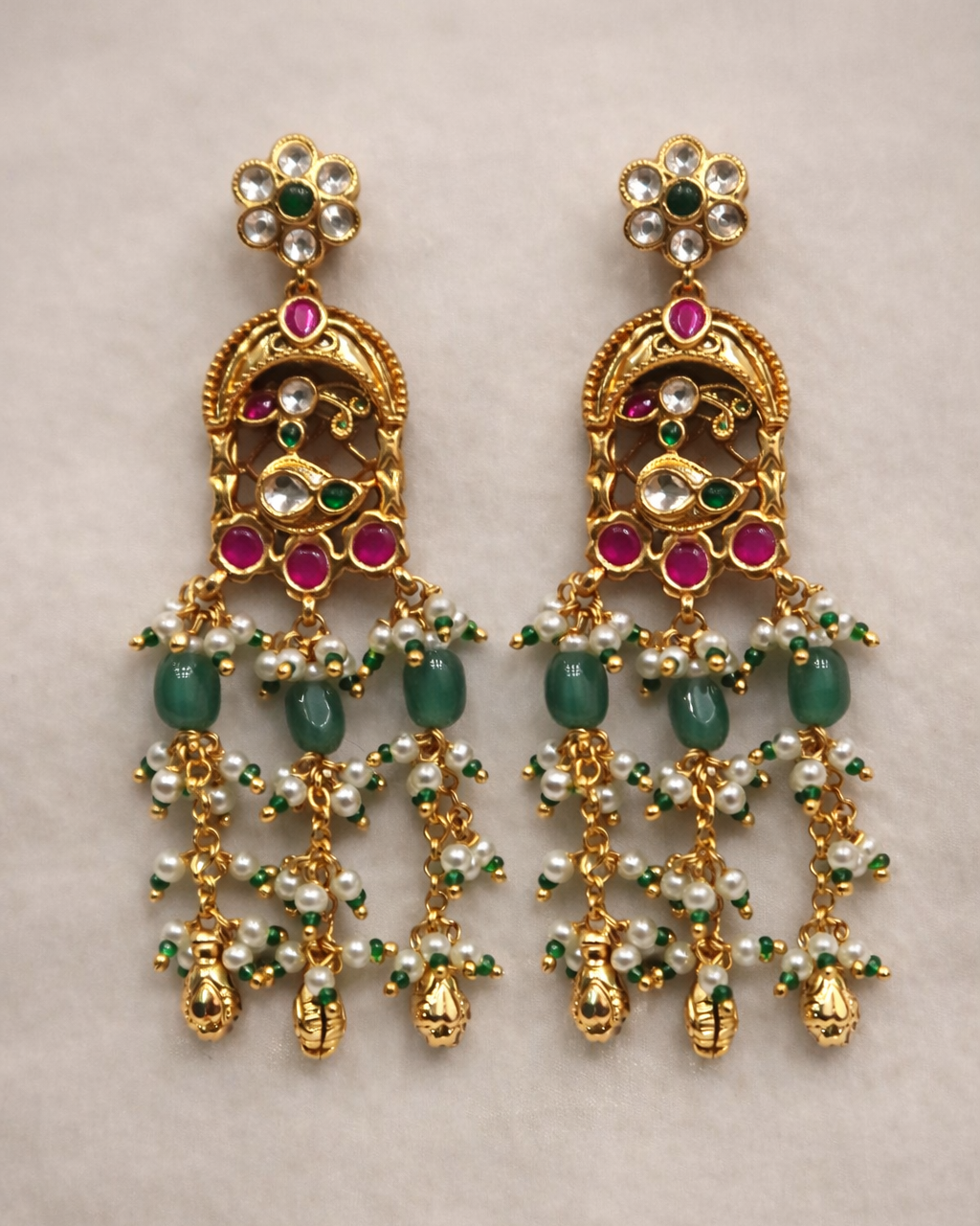 Exquisite Pachi Kundan Pearl & Green Bead Bridal Necklace Set with Earrings-G356800